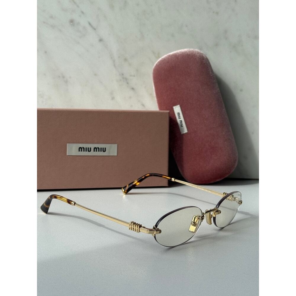 NEW Miu Miu MUA54S 5AK08N Bluelight Oval Sunglasses in Gold - Picture 7 of 8